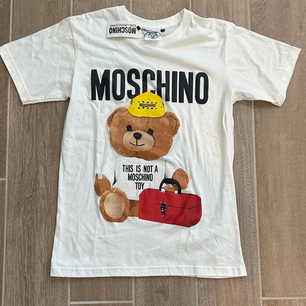 Moschino White Tee with Teddy, Yellow Hat and Red Toolbox